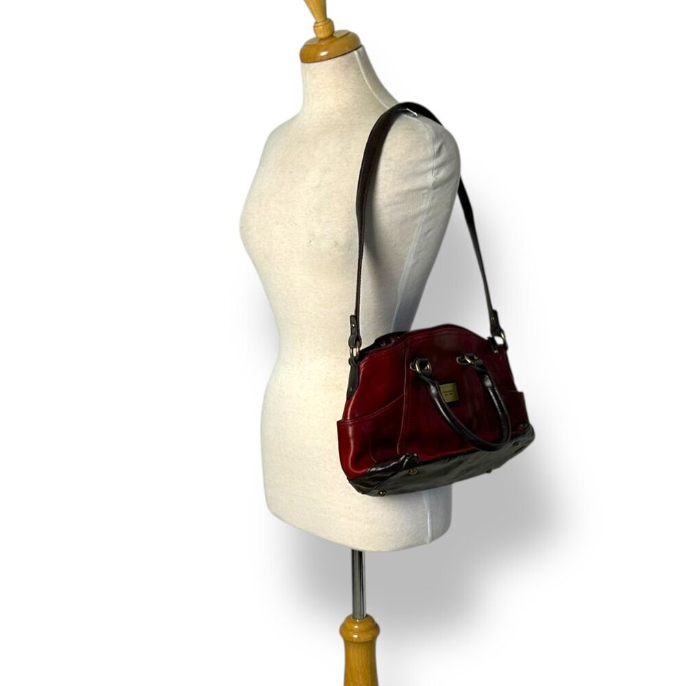 Tignanello Burgundy Leather Satchel Brown Leather Handles Trim Shoulder Strap - Picture 7 of 11
